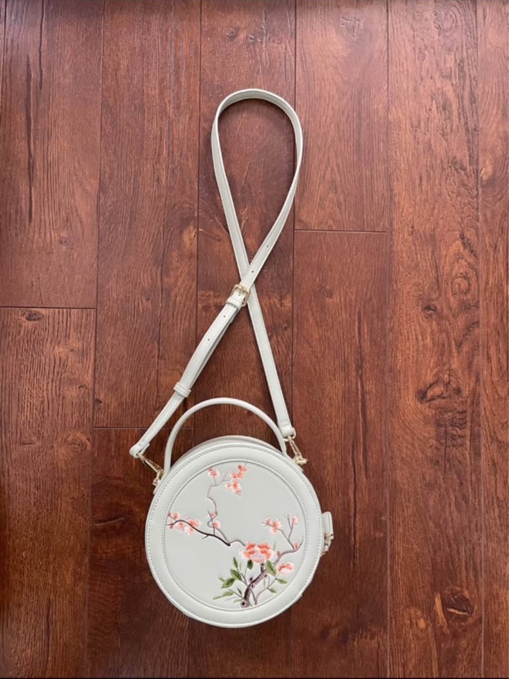 Super Cute Embroidered Japanese Cherry Tree Circle Crossbody Bag Purse. Seafoam